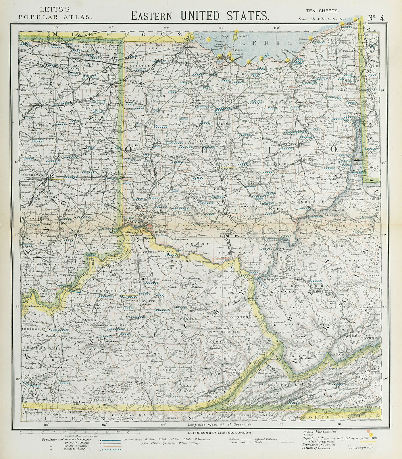 APPALACHIA. Ohio & parts of Kentucky Virginia Indiana. Railroads. LETTS 1883 map
